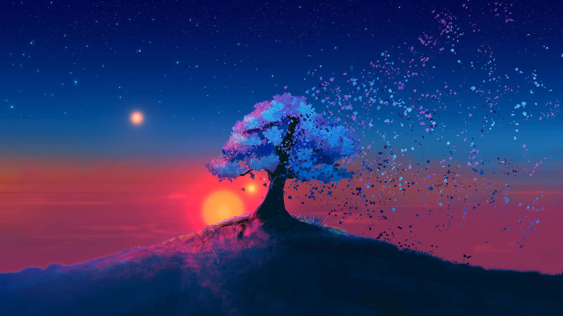 Ilustración de un árbol iluminado sobre una colina al atardecer