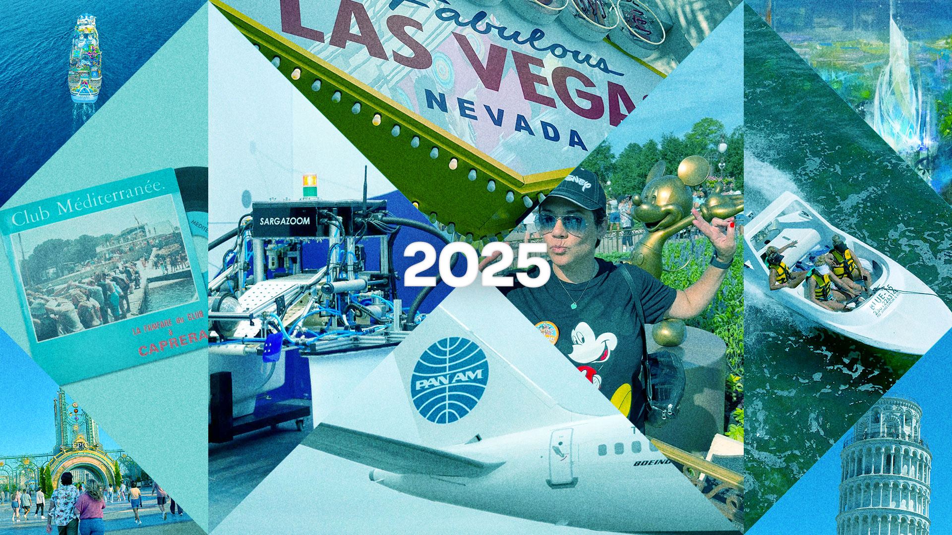 Collage de destinos de turismo 2025, con Las Vegas, la torre de Pisa y playas