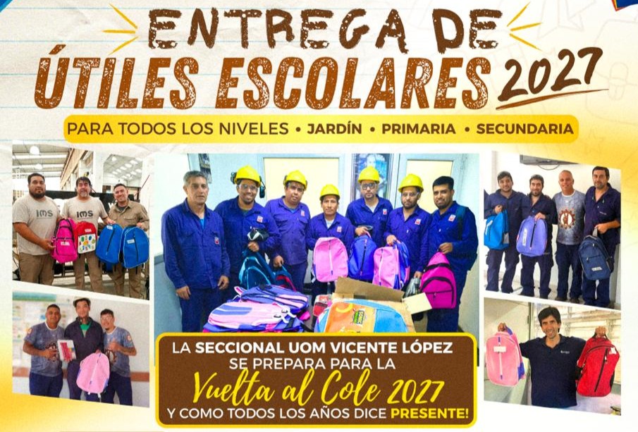 Afiche de la entrega de útiles escolares 2027, con trabajadores metalúrgicos mostrando mochilas